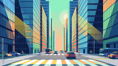 Vector illustration of a modern city street with skyscrapers, traffic, and pedestrians. A dynamic urban landscape scene, perfect for business, technology or city life concepts.