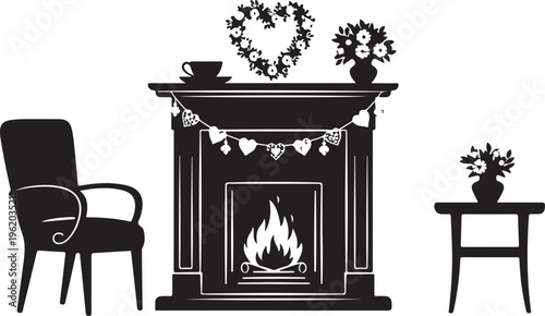 Cozy living room, fireplace, furniture, vector icons isolated on Transparent Background