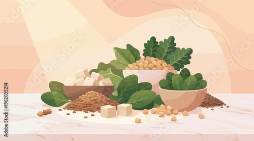 An assortment of plant-based protein sources including tofu, chickpeas, lentils and spinach. A flat vector illustration for health, diet and vegan lifestyle topics.