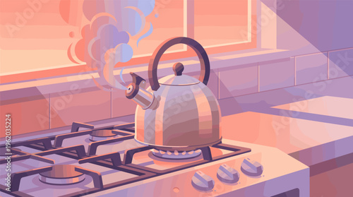 A vector illustration of a kettle boiling on a gas stove. The warm light from a window creates a cozy, peaceful morning atmosphere. Ideal for concepts of home and comfort.