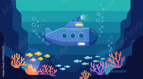 A cartoon submarine explores the deep blue sea, illuminating a colorful coral reef and schools of fish. Flat design vector illustration for exploration or technology themes.