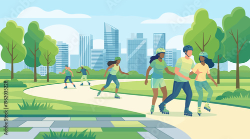Friends rollerblading in a city park. A group of diverse young people enjoying an active, healthy lifestyle together outdoors. Vector illustration for urban recreation.