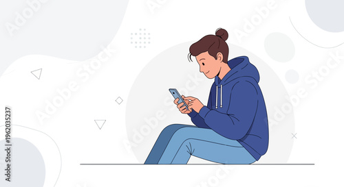 Young person in blue hoodie using smartphone, sitting and texting, modern illustration