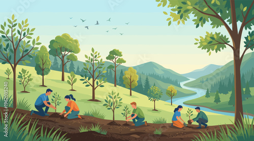 Illustration of a diverse group of volunteers planting trees. A hopeful scene of community and environmental conservation, perfect for ecology or sustainability themes.