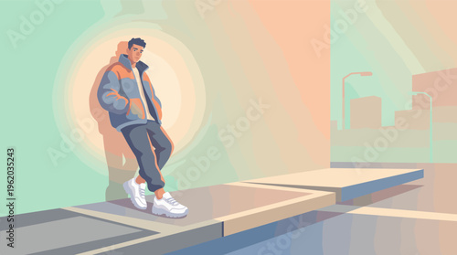 A stylish young man in modern streetwear leans against a wall in a minimalist city. Vector illustration with a calm, pensive mood and soft pastel colors. Copyspace.