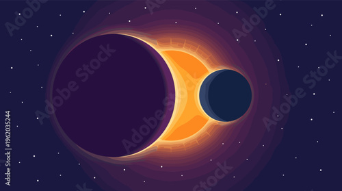A modern vector illustration of a solar eclipse. The cosmic scene with stars and planets creates a mysterious, futuristic mood. Ideal for science, tech, or space themes.