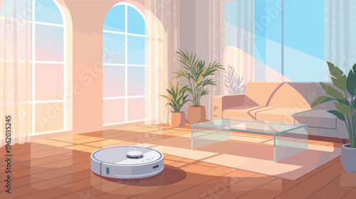 A robot vacuum cleaner cleans the wooden floor of a sunlit modern living room. Cozy interior with smart home technology for automated housework and a convenient lifestyle.