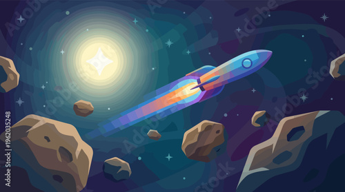 A colorful rocket flies through space towards a bright star, navigating an asteroid field. Flat vector illustration for business startup, tech, or science concepts.