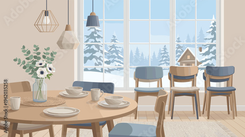 Cozy dining room with a table set for breakfast and a large window overlooking a snowy winter landscape. Modern Scandinavian interior design. Peaceful, hygge concept.