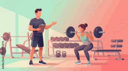 Illustration of a female athlete doing barbell squats with a personal trainer in a modern gym. Concept for fitness, coaching, workout, strength training, and healthy lifestyle.
