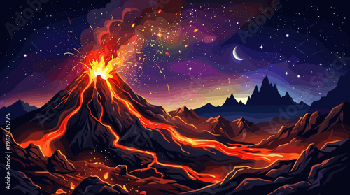 A dramatic illustration of a volcano erupting at night. Hot lava flows under a starry sky with a moon, perfect for fantasy, science, or adventure themes.