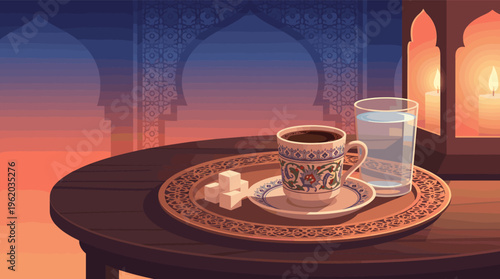 Traditional Turkish coffee on a tray at sunset. A warm, inviting illustration for travel, culture, or Ramadan themes. Perfect for hospitality and relaxation concepts.