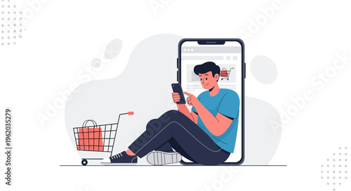 Man using smartphone for online shopping with shopping cart and bag, e-commerce concept