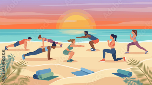 A diverse group in a fitness class on a sandy beach at sunset. This illustration represents a healthy, active lifestyle, wellness, and outdoor group workouts.