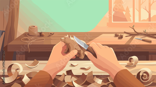 A cozy first person view of hands carving a wooden bear. This illustration shows a creative hobby, craftsmanship, and handmade work in a rustic workshop setting.