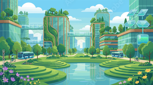 A vibrant illustration of a futuristic green city with sustainable architecture, solar panels, and eco-friendly transport. Ideal for concepts of utopia and smart urban living.