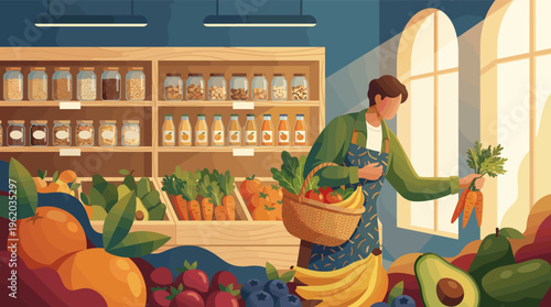 Illustration of a person with a basket shopping for fresh organic vegetables and fruits in a local grocery store. Concept for healthy eating, nutrition, and sustainable lifestyle.