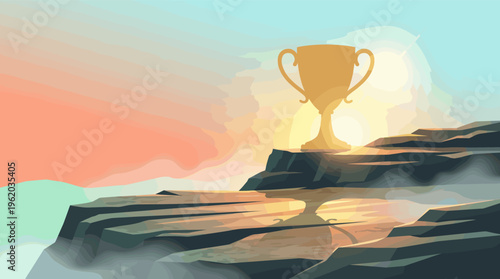 A golden trophy stands on a mountain peak at sunrise, glowing with light. This illustration symbolizes victory, achievement, and success. Perfect for business goals and motivation.