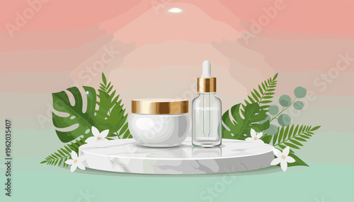 Elegant vector illustration of skincare on a marble podium. Cream jar and serum bottle with tropical leaves and flowers. For beauty, spa, or cosmetic advertising mockups.