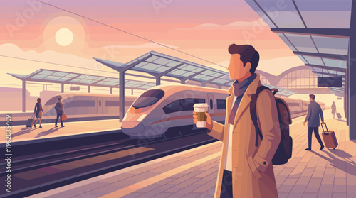 Man traveler with coffee at a train station platform at sunset. Concept for travel, business trip, commuting, and modern transportation.