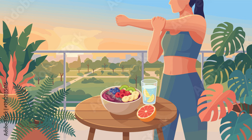 Fit woman stretching on a balcony with a healthy breakfast at sunrise. A concept of wellness, morning routine, self-care, and balanced urban lifestyle. Vector illustration.