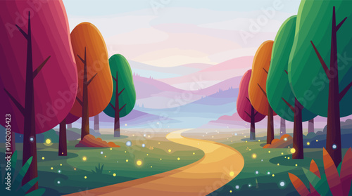 A magical forest landscape with a winding path leading to distant mountains. Colorful trees and glowing lights create an enchanting, peaceful scene perfect for fantasy backgrounds.