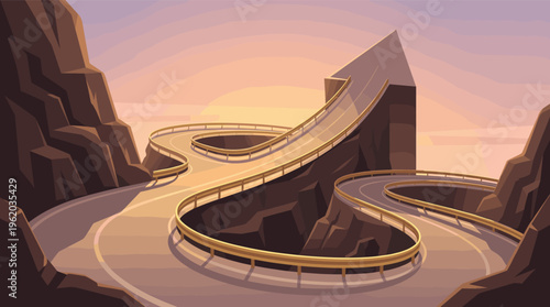 A vector illustration of a winding mountain highway forming an arrow pointing up. Symbolizes success, growth, and the journey to a goal. Perfect for business presentations.