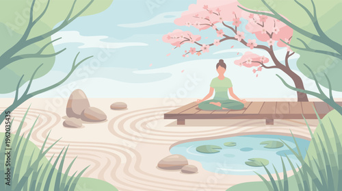 A woman meditates in a peaceful Zen garden with a sakura tree. This serene vector illustration is perfect for wellness, mindfulness, and relaxation concepts.