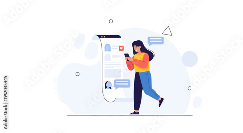 Woman texting on phone, social media feed with likes and messages, flat illustration