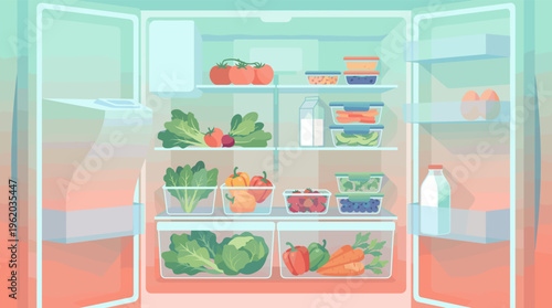 An open refrigerator full of fresh food. Vector illustration of a healthy diet, meal prep, and nutrition. Perfect for wellness, food blogs, and grocery concepts.