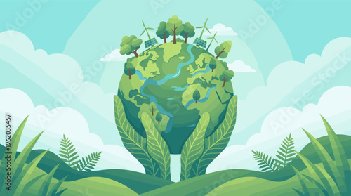 Illustration of a green planet with trees, solar panels, and windmills, held by leaves. Concept for ecology, sustainability, and Earth Day. Ideal for environmental themes.