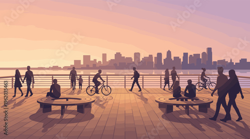 Silhouettes of people on a city pier at sunset. This peaceful vector illustration depicts urban community leisure and relaxation, ideal for lifestyle, travel or city life concepts.