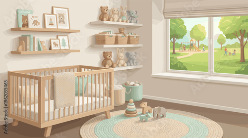 A cozy baby nursery illustration with a wooden crib, toys on shelves, and a large window overlooking a sunny park. Peaceful and calm interior design for a newborn or child.