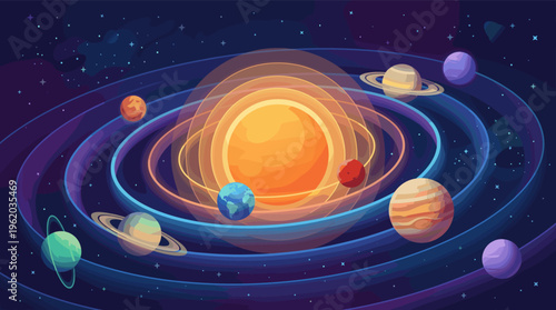 A colorful vector illustration of the solar system with planets orbiting the sun. Perfect for education, science projects, astronomy concepts, and children's designs.