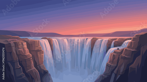 A vector illustration of a majestic waterfall in a canyon at sunset. The calm, scenic landscape is perfect for travel, nature, or background use.