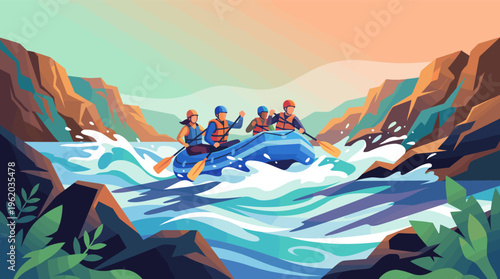 A team on an exciting whitewater rafting adventure. This vector illustration depicts teamwork and courage navigating a turbulent river in a beautiful mountain canyon.