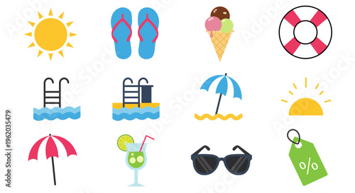 Collection of summer vacation icons including sun, pool, ice cream, and beach accessories