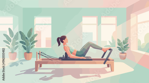 A woman practices Pilates on a reformer machine in a bright, tranquil studio. This illustration represents wellness, fitness, and a healthy lifestyle, ideal for health content.
