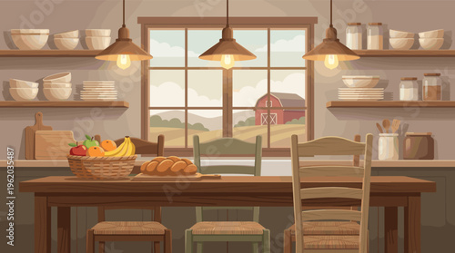 Warm and inviting rustic farmhouse kitchen illustration. A dining table with fresh food overlooks a peaceful country landscape with a red barn through the window.