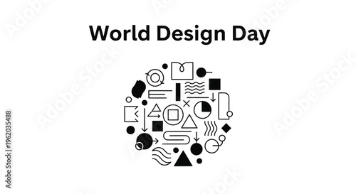 Black and white vector graphic illustration celebrating world design day with abstract shapes