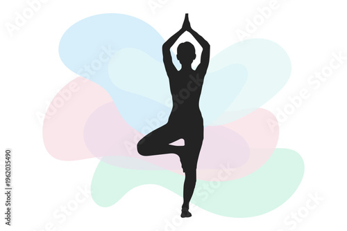 Silhouette of a woman in tree pose with colorful abstract shapes in the background