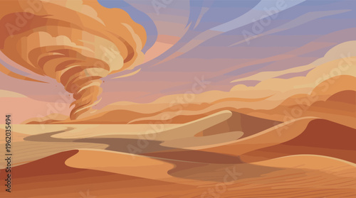 A dramatic vector illustration of a powerful tornado sandstorm swirling over vast desert dunes at sunset. A concept for climate change, disaster, risk, and natural power.