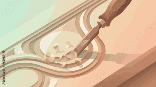 Vector illustration of a chisel carving wood. Close-up on the handcrafted process showing skill and precision. Perfect for themes of carpentry, craft, and creation.