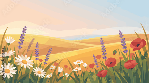 A serene summer landscape illustration with a field of poppies, daisies, and lavender. Golden hills at sunset create a warm, peaceful background for wellness or nature concepts.