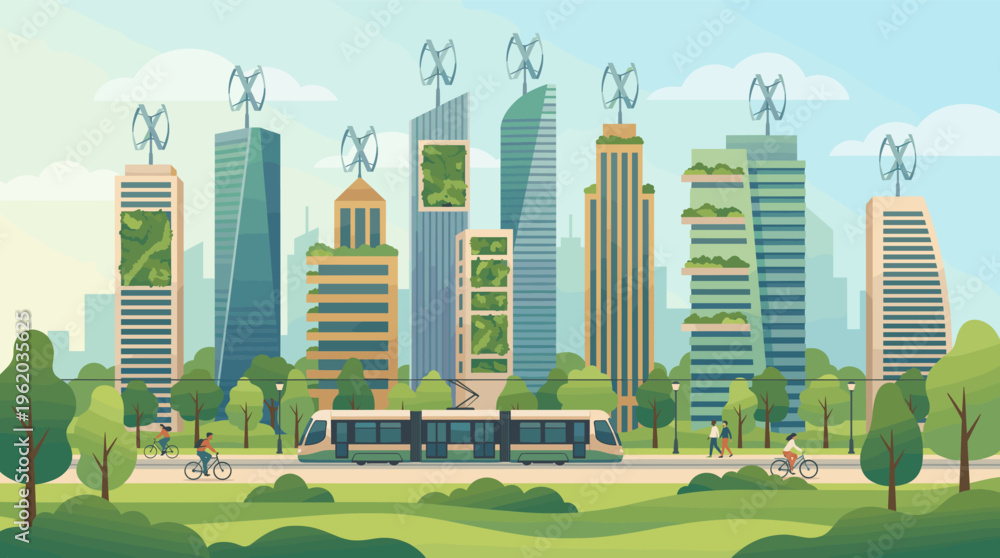 Fototapeta premium Vector illustration of a futuristic green city with sustainable architecture, wind turbines, and a modern tram. People enjoy cycling in a park, representing a clean, eco-friendly urban life.