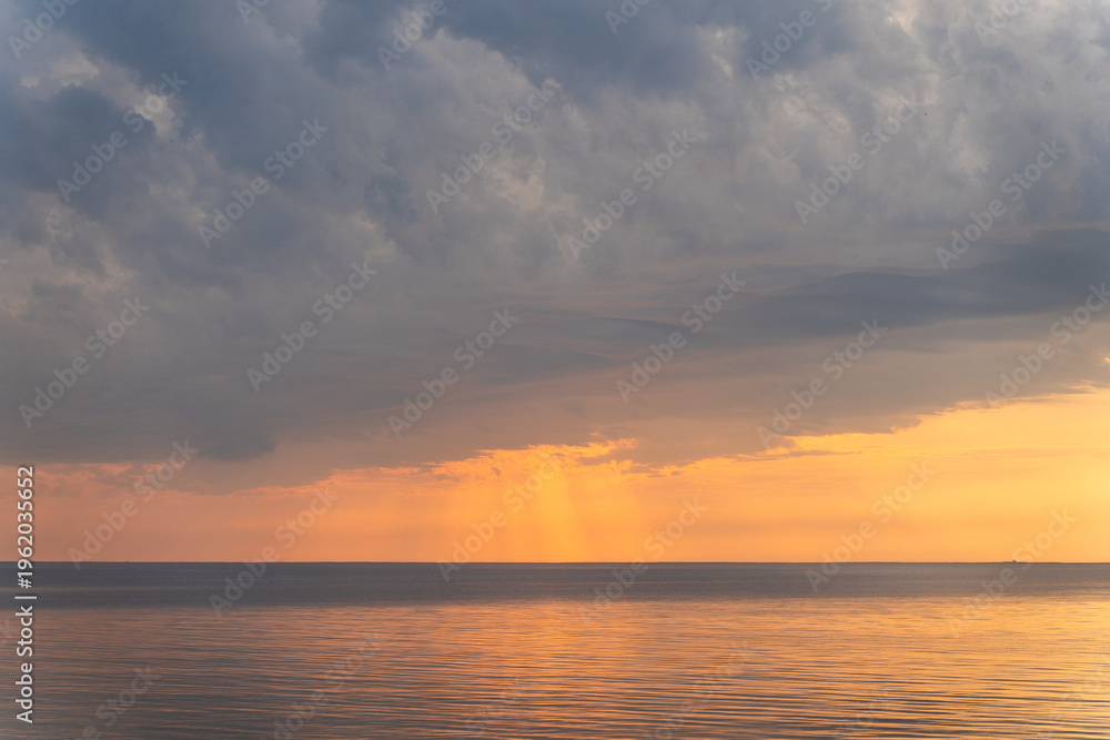 Fototapeta premium Fantastic closeup sea sky. Panoramic beach seascape. Inspire tropical horizon. Orange and golden sunset sky calmness tranquil relaxing sunlight summer mood. Vacation ocean travel sunrise meditation