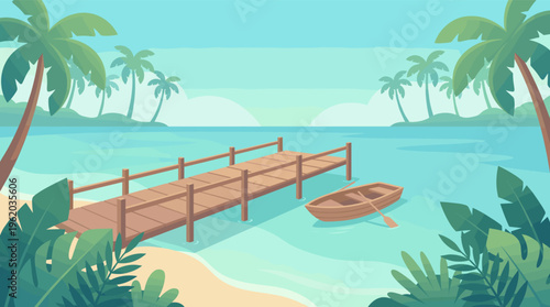 A serene tropical beach paradise illustration with a wooden pier, boat, and palm trees. A tranquil scene for travel, vacation, or summer-themed backgrounds and designs.