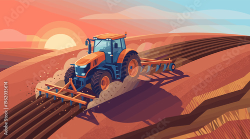 A modern tractor plows a vast agricultural field at sunset. This vector illustration evokes concepts of farming, harvest, and food production for agribusiness branding.