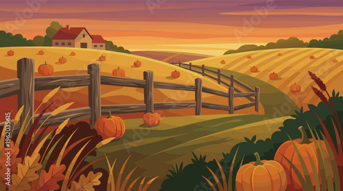 A beautiful autumn farm landscape with a pumpkin patch at sunset. This warm, rustic vector illustration is ideal for Thanksgiving, Halloween, or fall seasonal promotions.