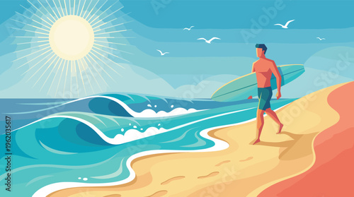 A fit surfer with his surfboard walks along a sandy beach under a bright sun. A vector illustration for travel, vacation, or active lifestyle concepts. Summer vibes.